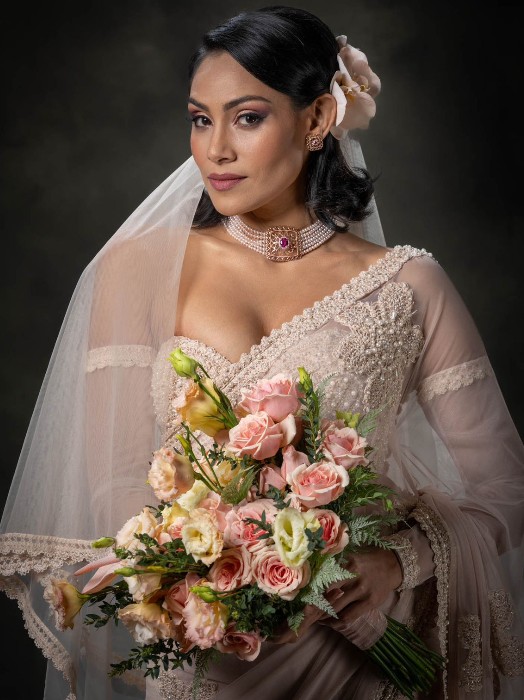 Pink saree with veil