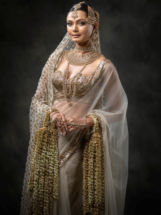 Saree with head veil worked in Bronze zardozi